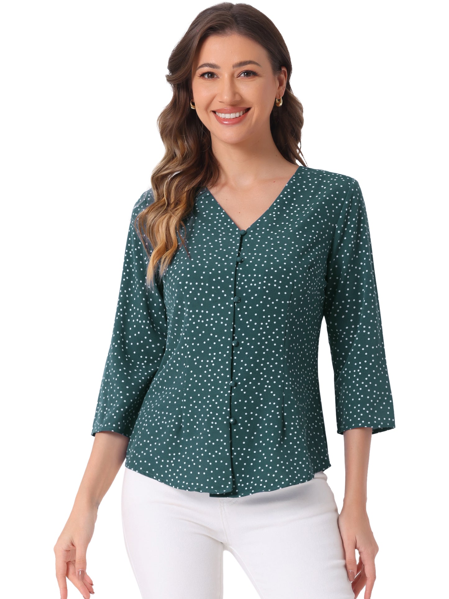 Women's Polka Dots 3/4 Sleeve Button Front V Neck Blouse Shirt (Available in Plus Size)