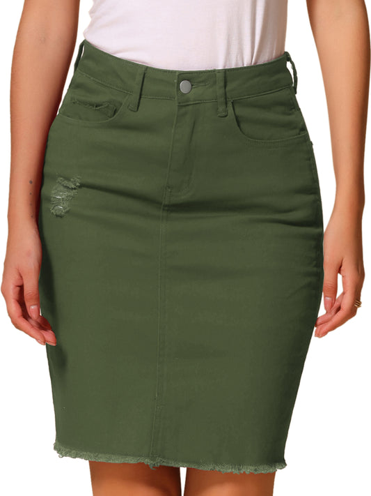 Women's Casual Distressed Knee Length Denim Skirt