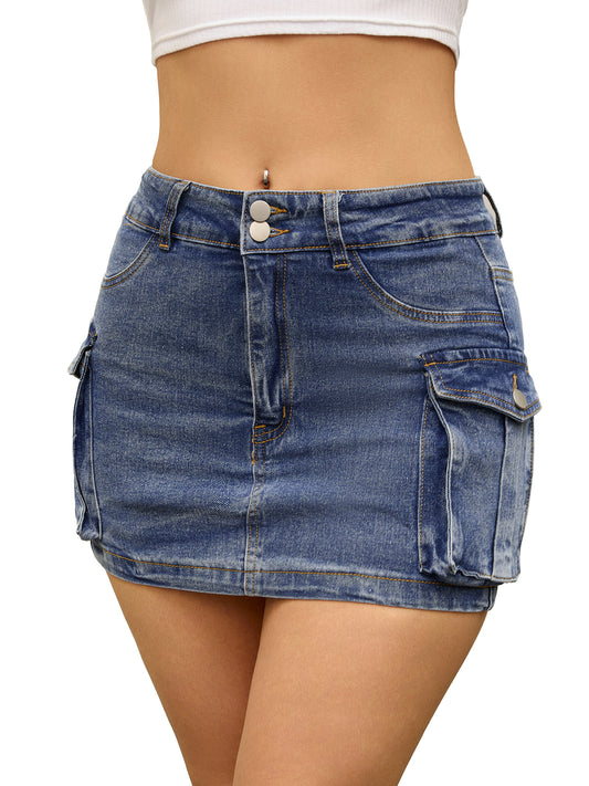 Women's Denim Cargo Flap Pockets Button Fly Stretch Mini Jean Skirt