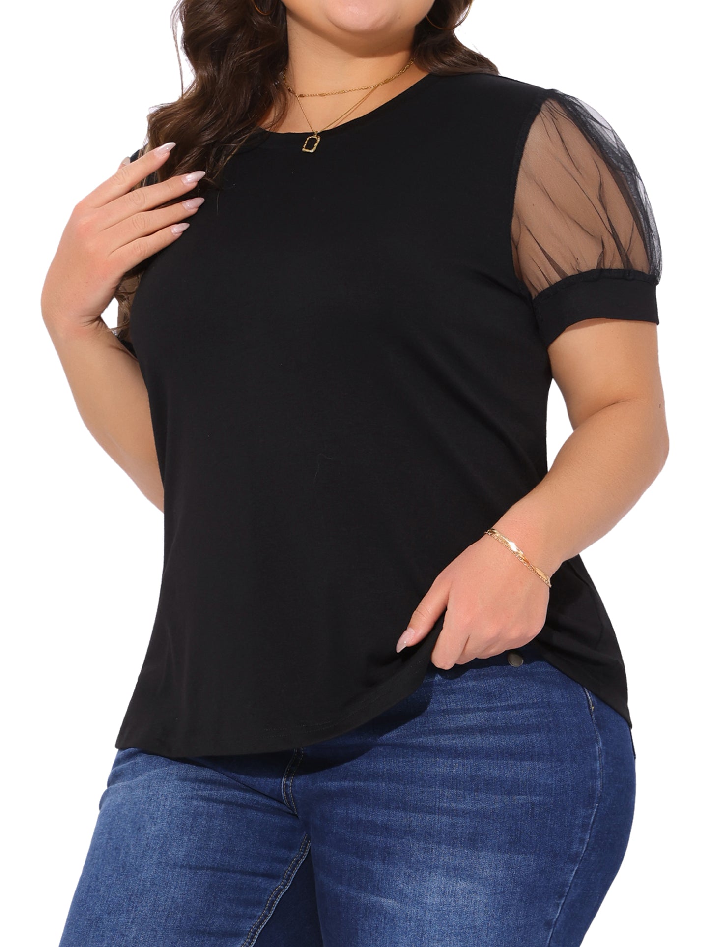 Women's Plus Size Crew Neck Mesh Short Sleeve T-Shirt Summer Top