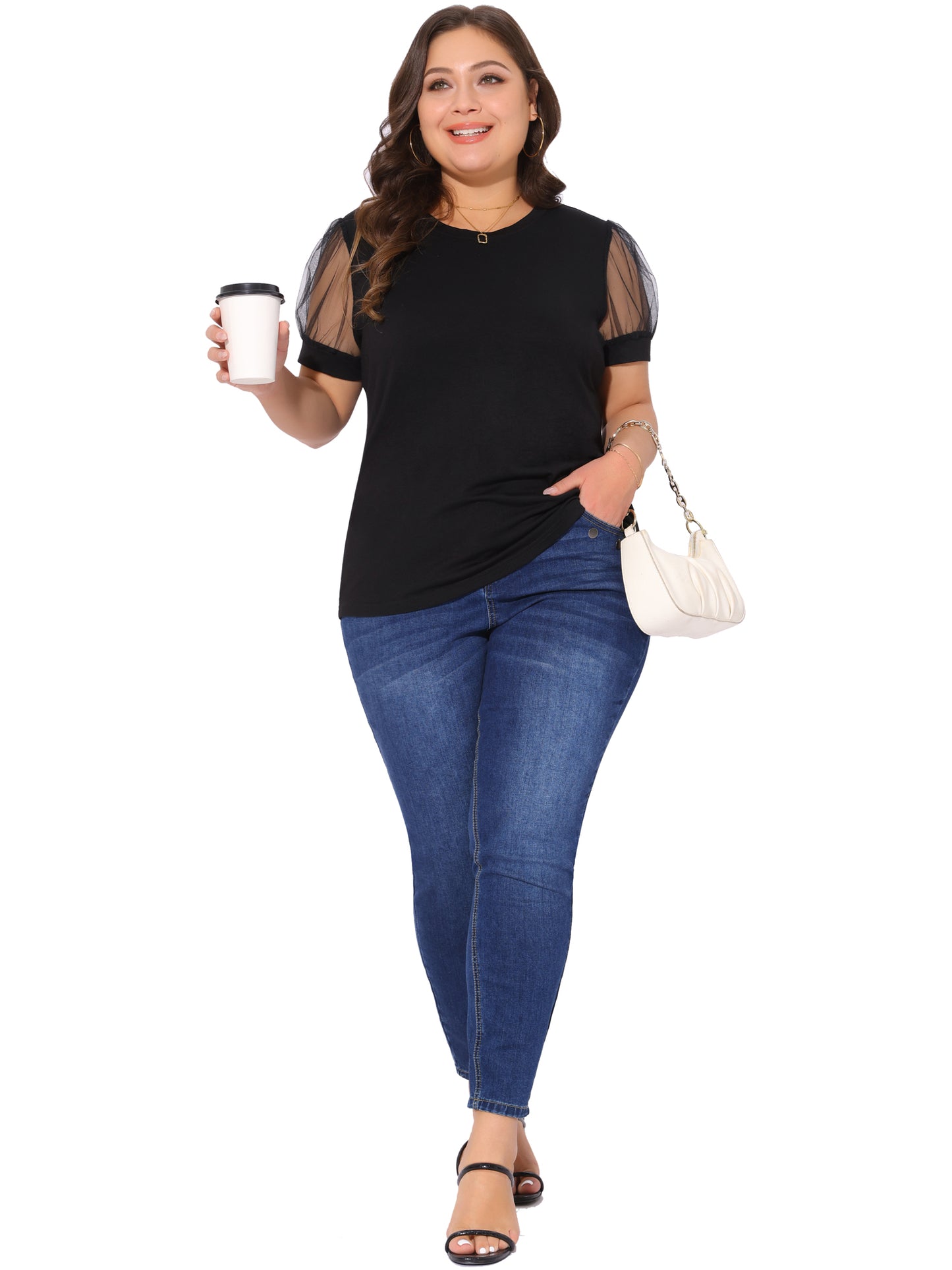 Women's Plus Size Crew Neck Mesh Short Sleeve T-Shirt Summer Top