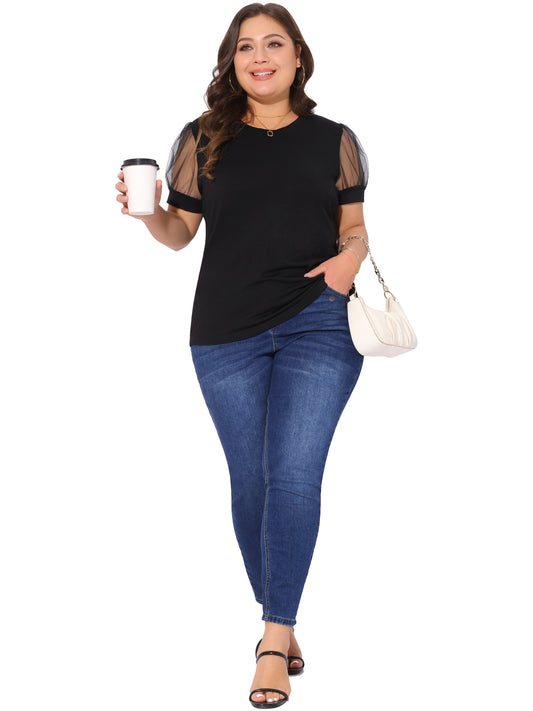 Women's Plus Size Crew Neck Mesh Short Sleeve T-Shirt Summer Top