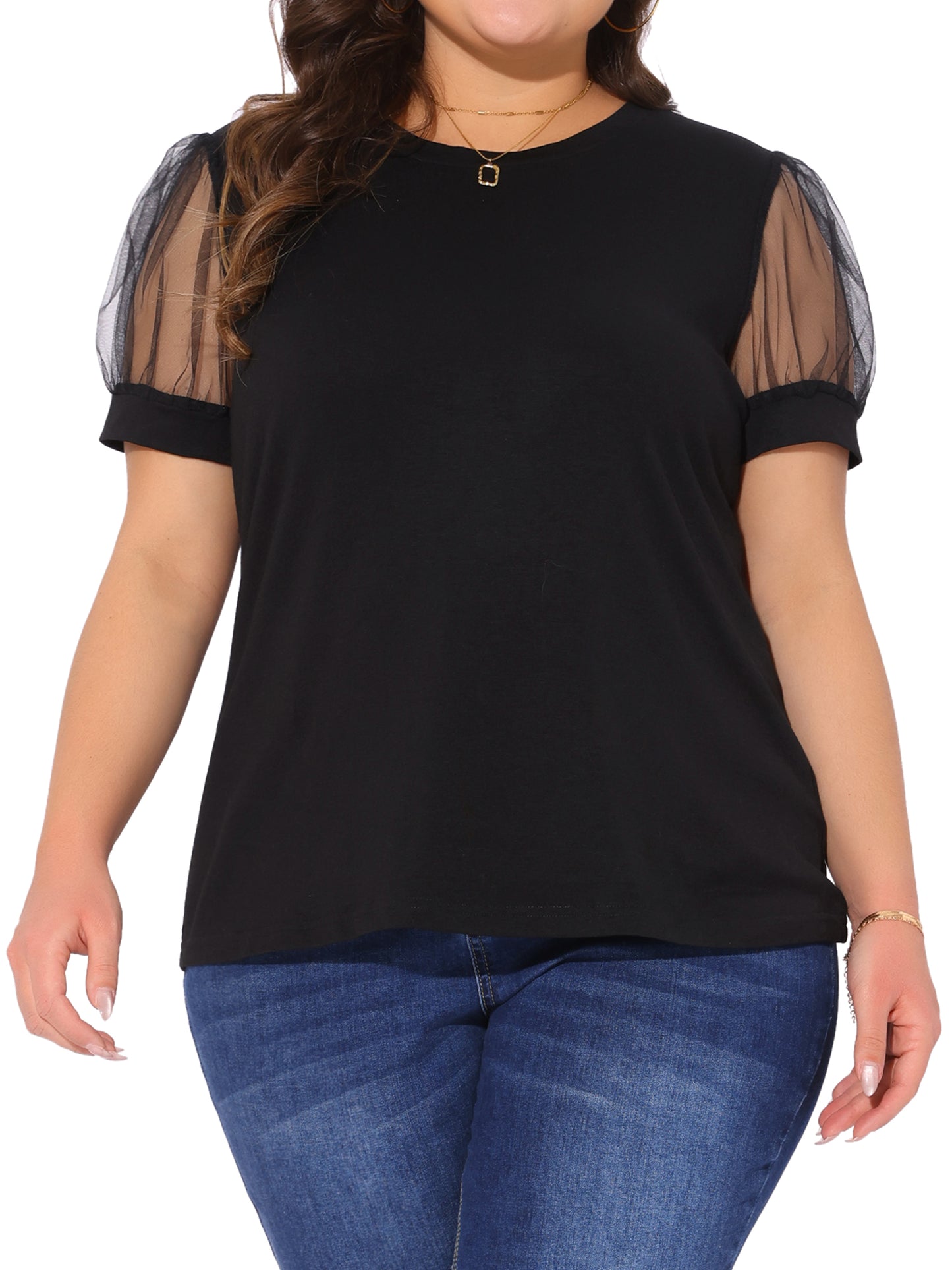 Women's Plus Size Crew Neck Mesh Short Sleeve T-Shirt Summer Top