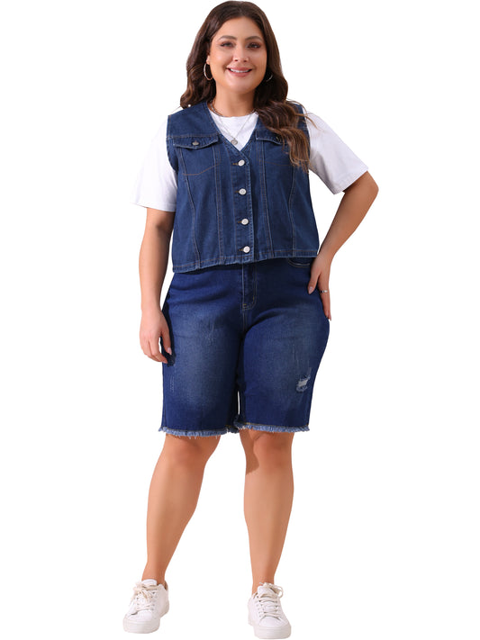 Chaleco vaquero de talla grande para mujer, sin mangas, cuello en V, abotonado, informal, chaqueta vaquera