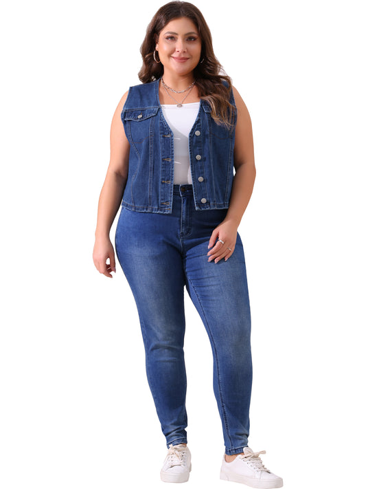 Chaleco vaquero de talla grande para mujer, sin mangas, cuello en V, abotonado, informal, chaqueta vaquera