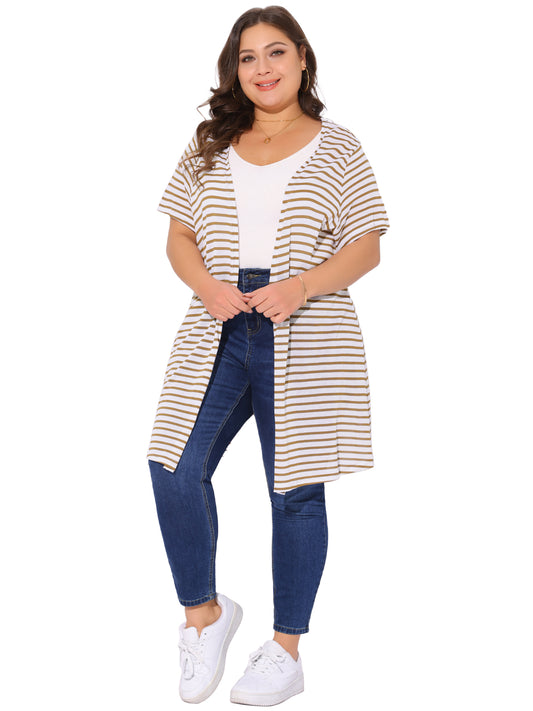 Women Plus Size Cardigan Summer Lightweight Stripe Short Sleeve Open Front Casual Loose Cover Ups