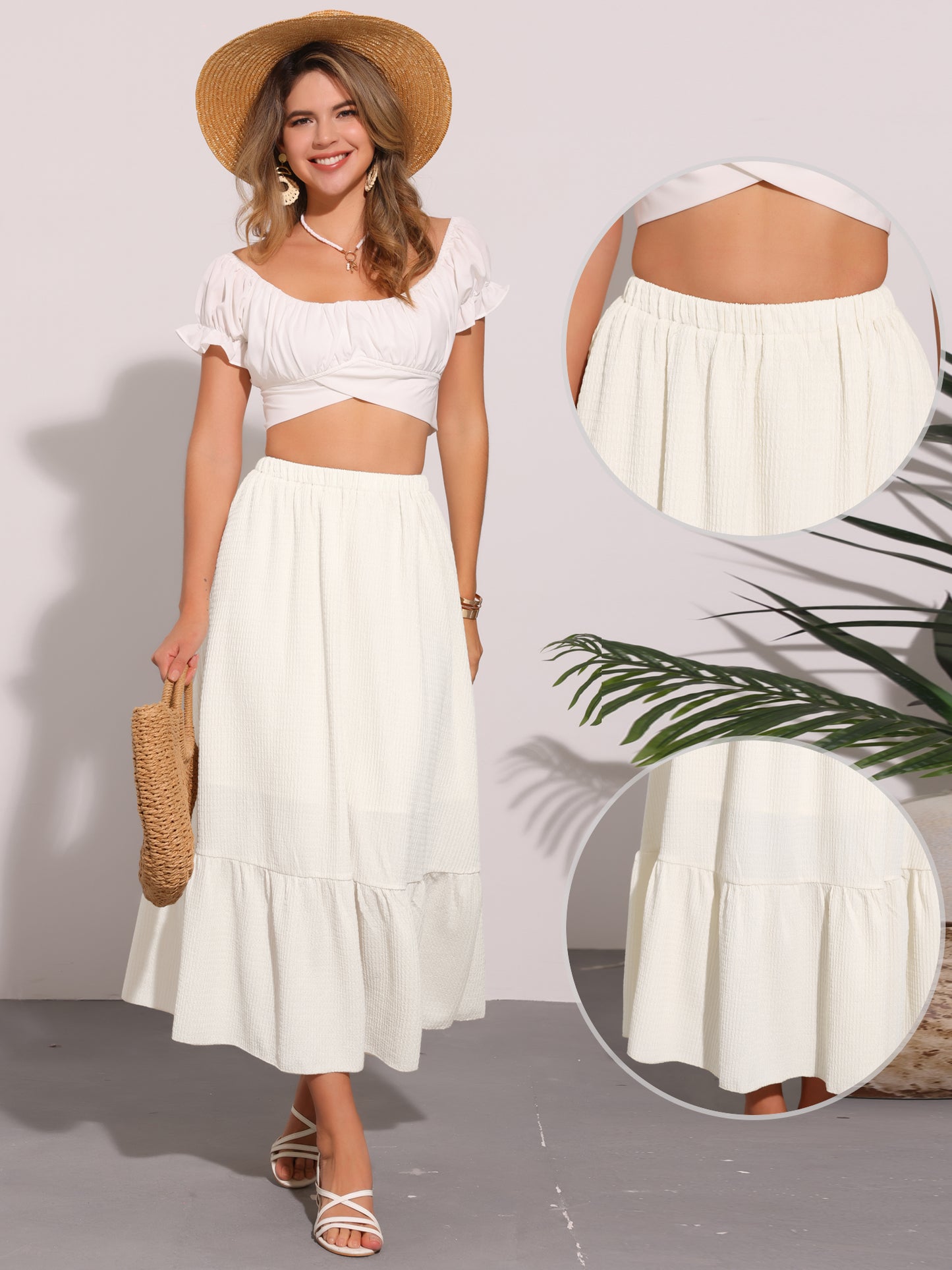 Women's Elastic High Waist Flowy Tiered A-Line Summer Maxi Skirt
