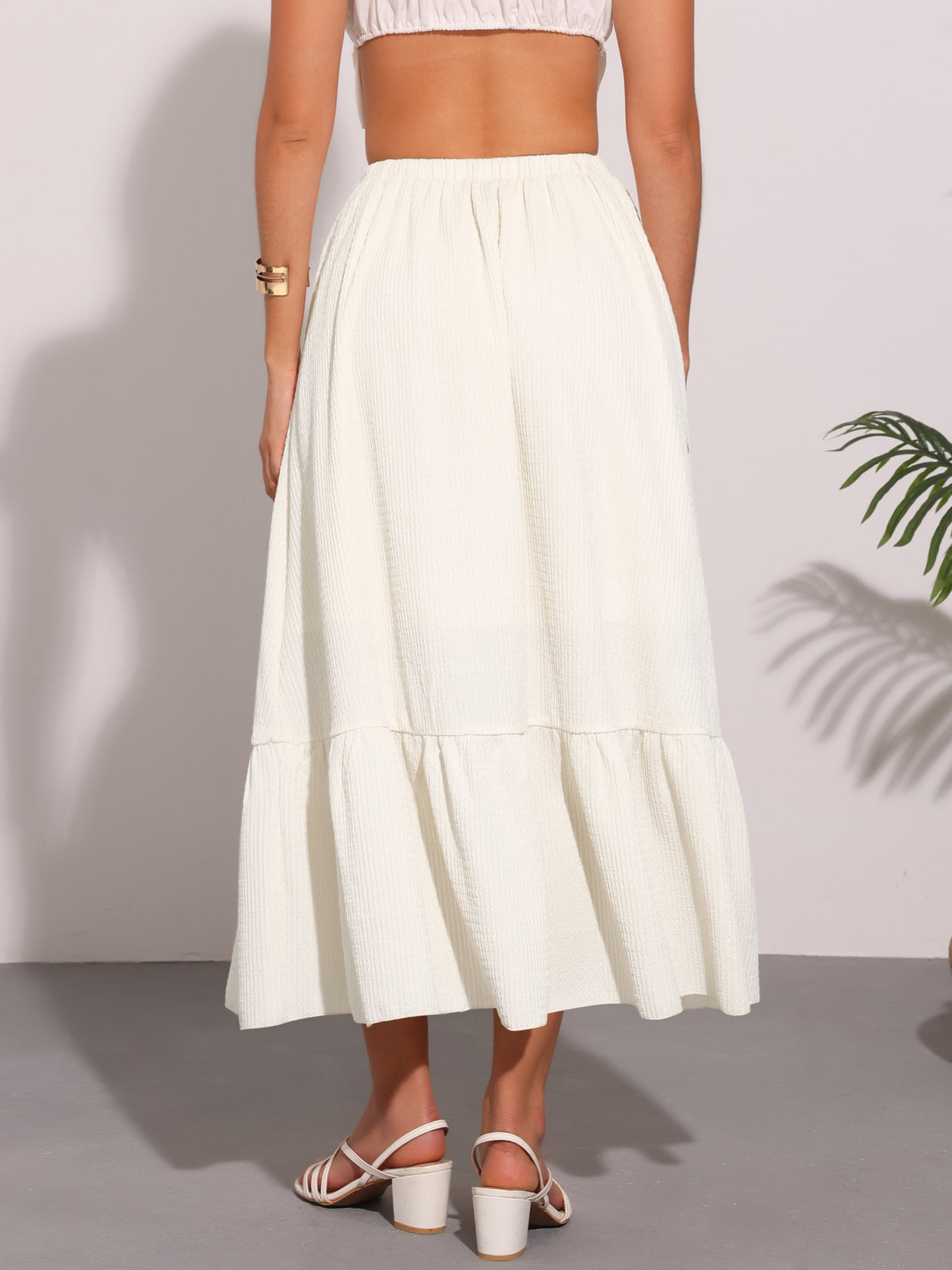 Women's Elastic High Waist Flowy Tiered A-Line Summer Maxi Skirt
