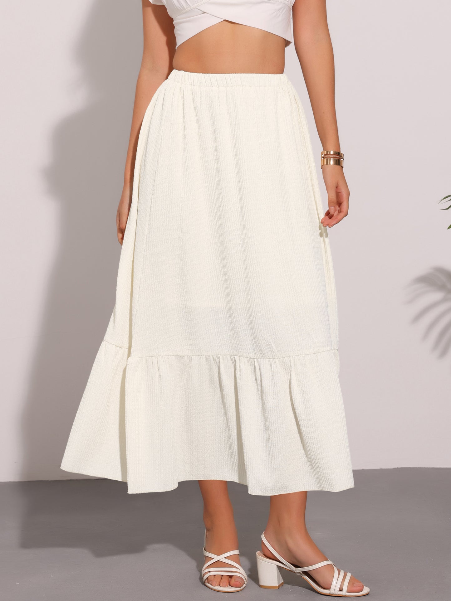 Women's Elastic High Waist Flowy Tiered A-Line Summer Maxi Skirt