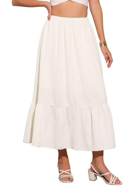 Women's Elastic High Waist Flowy Tiered A-Line Summer Maxi Skirt