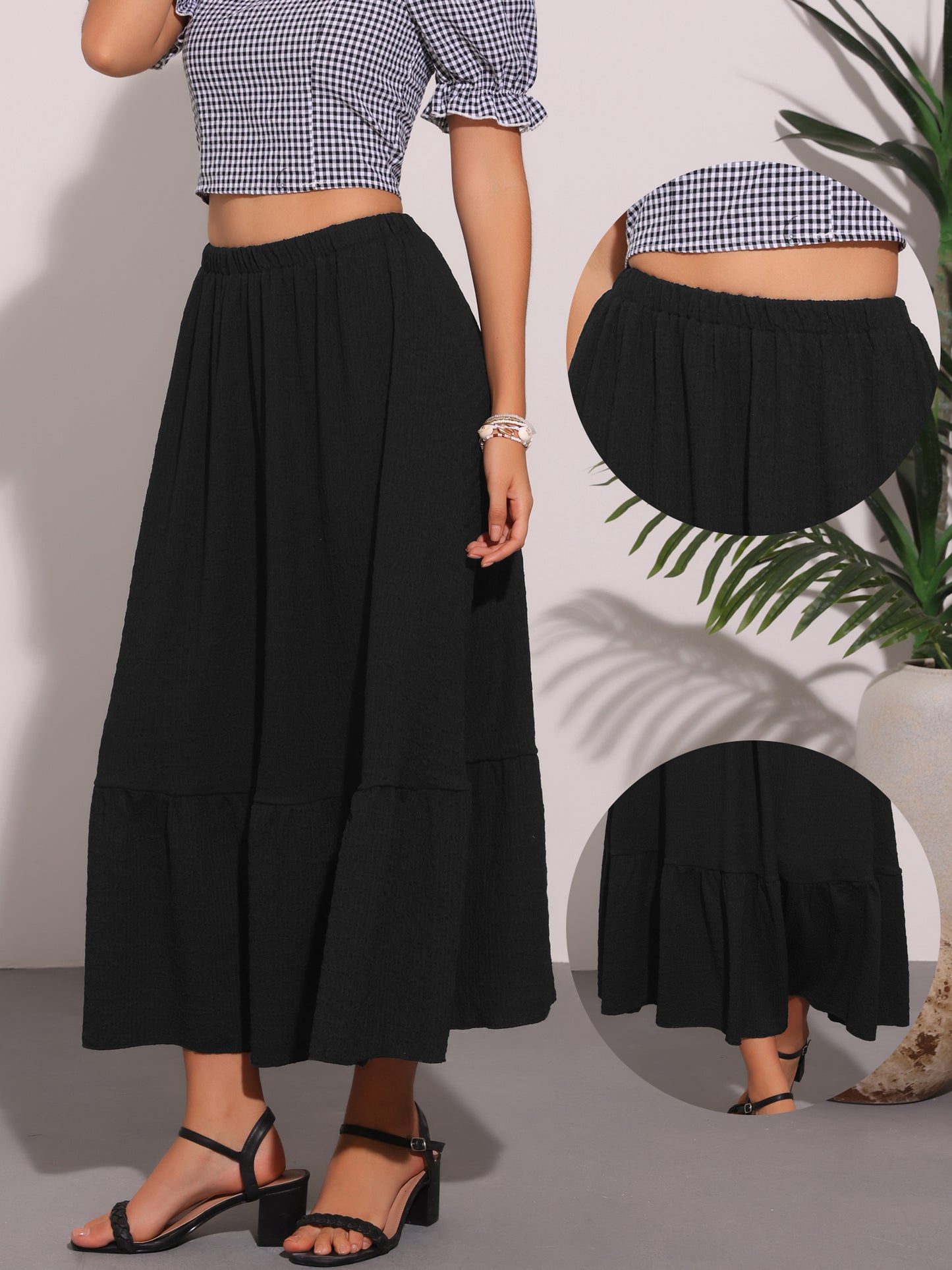 Women's Elastic High Waist Flowy Tiered A-Line Summer Maxi Skirt