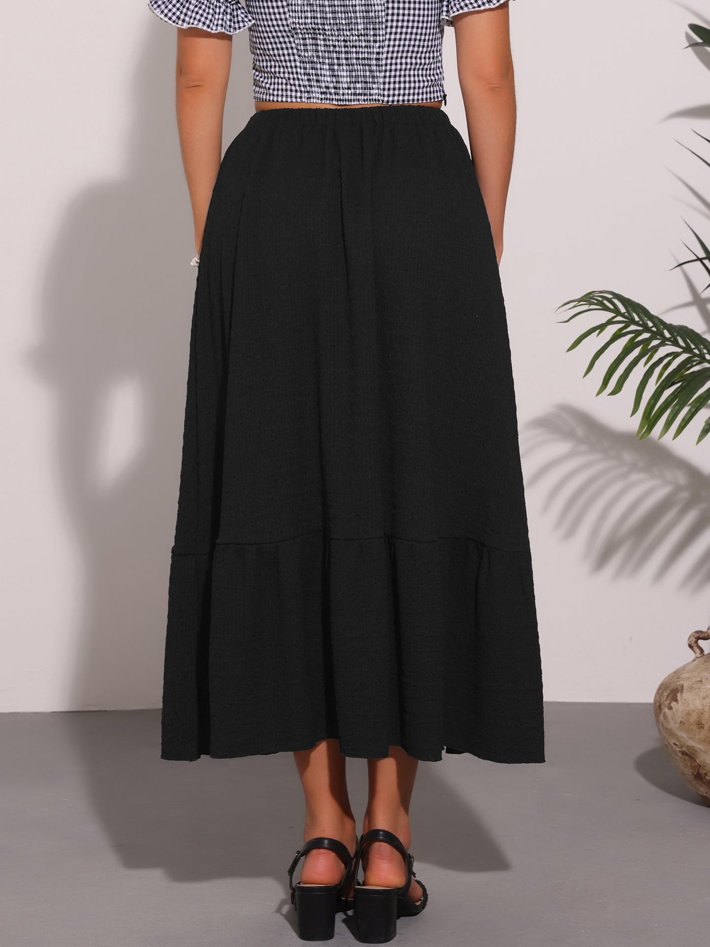 Women's Elastic High Waist Flowy Tiered A-Line Summer Maxi Skirt