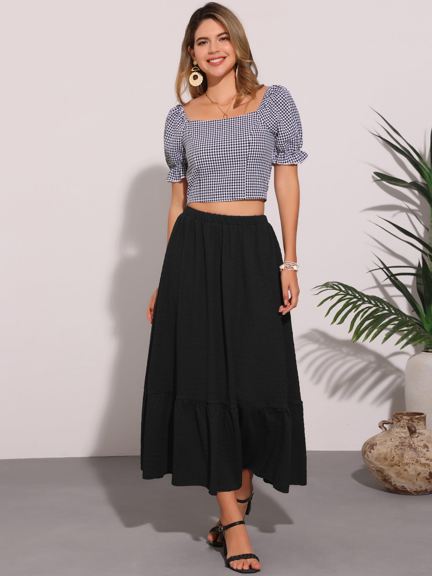 Women's Elastic High Waist Flowy Tiered A-Line Summer Maxi Skirt