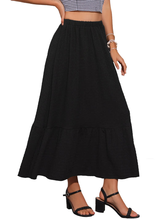 Women's Elastic High Waist Flowy Tiered A-Line Summer Maxi Skirt