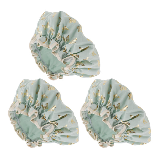 3 Pcs Women Gold Butterfly Shower Cap for Bathroom Vacation Travel Hotel Green