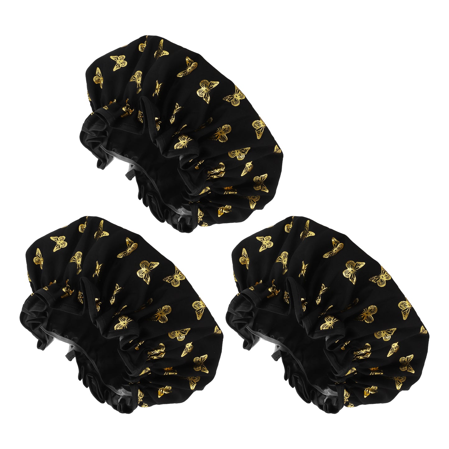 3 Pcs Women Gold Butterfly Shower Cap for Bathroom Vacation Travel Hotel Black