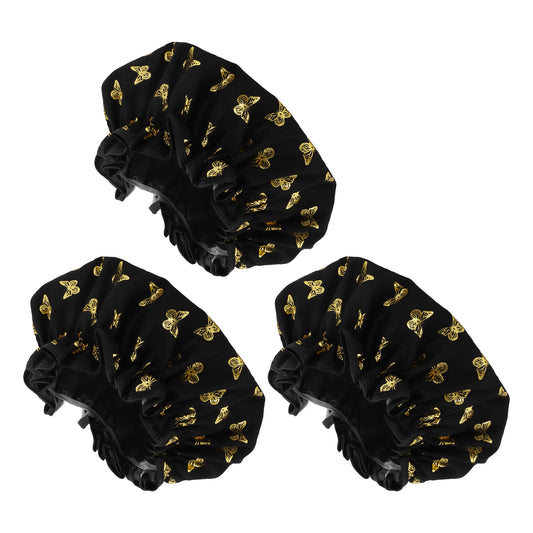 3 Pcs Women Gold Butterfly Shower Cap for Bathroom Vacation Travel Hotel Black