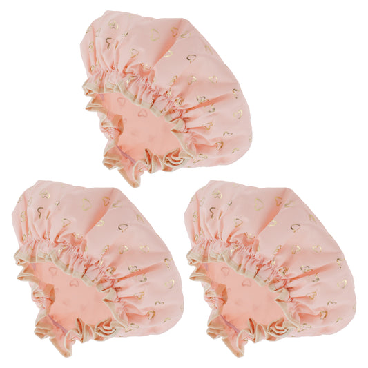 3 Pcs Women Gold Heart Shower Cap for Bathroom Vacation Business Travel Pink