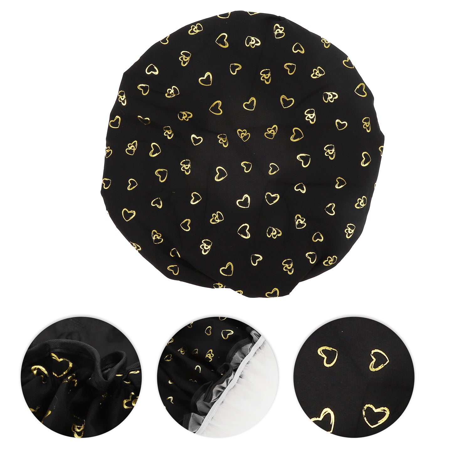 3 Pcs Women Gold Heart Shower Cap for Bathroom Vacation Business Travel Black