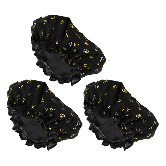 3 Pcs Women Gold Heart Shower Cap for Bathroom Vacation Business Travel Black