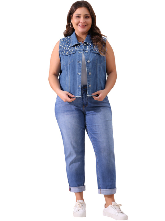 Women Plus Size Denim Vest Sleeveless Embroidered Faux Pearl Frayed Jean Vests Jacket