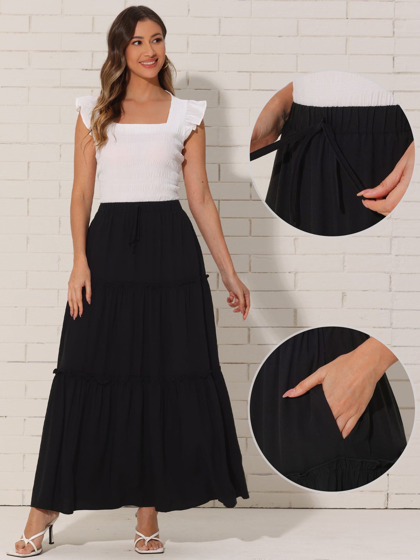 Women's Boho Maxi Skirt Flowy Elastic Waist A-Line Tiered Skirt with Pockets