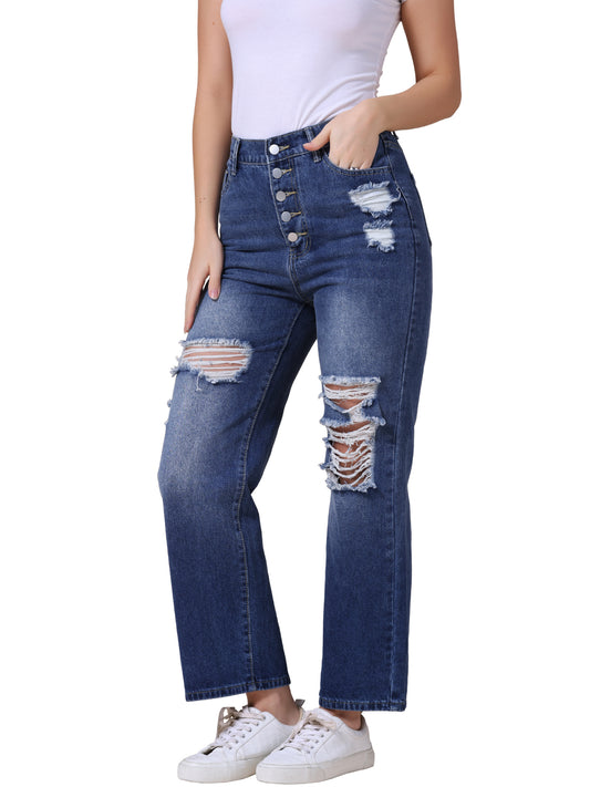 Women's Ripped Jeans Distressed Button Front Stretchy Hole Destroyed High Rise Denim Pants Streetwear