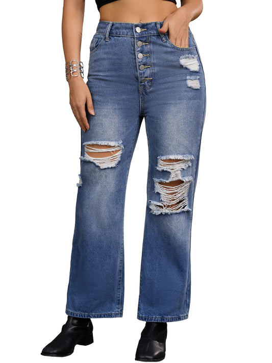 Women's Ripped Jeans Distressed Button Front Stretchy Hole Destroyed High Rise Denim Pants Streetwear