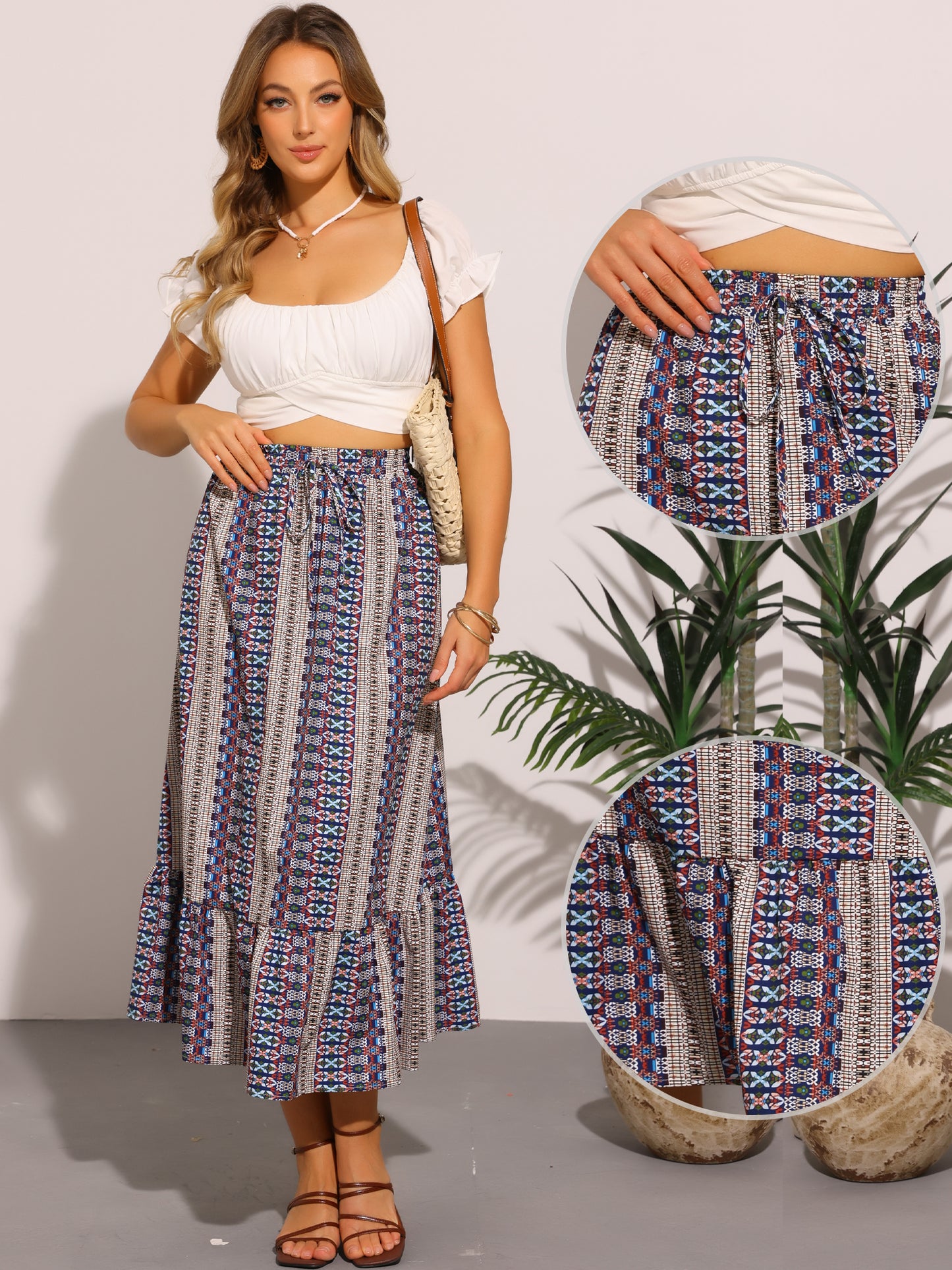 Falda midi de verano con cintura alta elástica y estampado de primavera para mujer