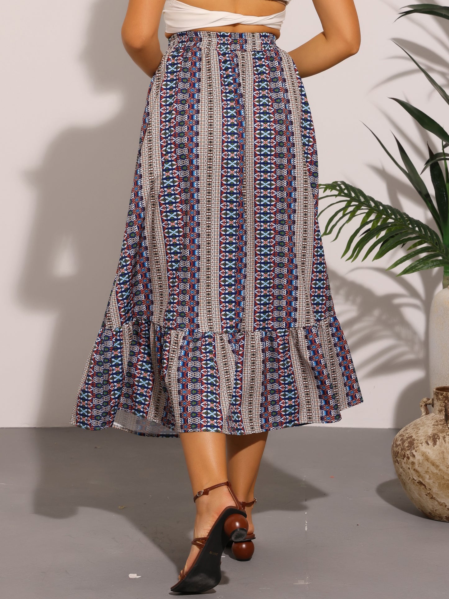 Falda midi de verano con cintura alta elástica y estampado de primavera para mujer