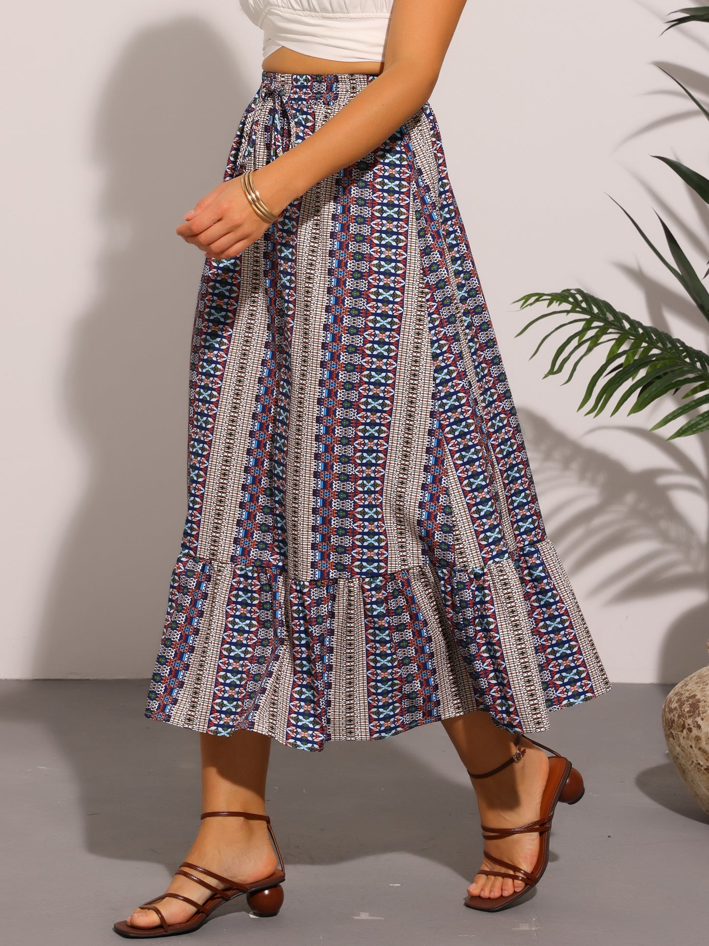 Falda midi de verano con cintura alta elástica y estampado de primavera para mujer