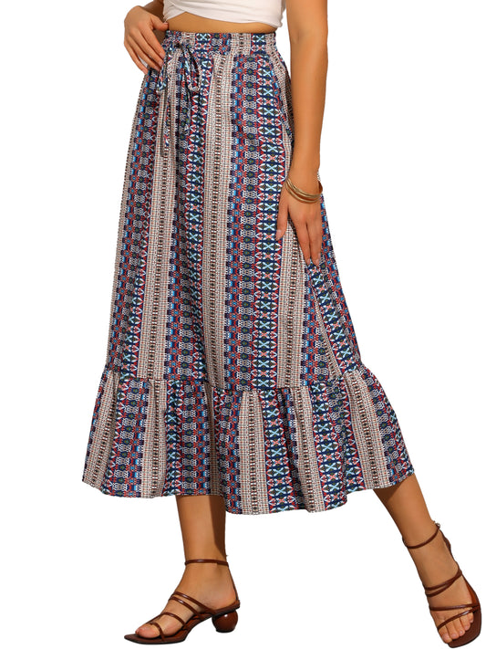 Falda midi de verano con cintura alta elástica y estampado de primavera para mujer