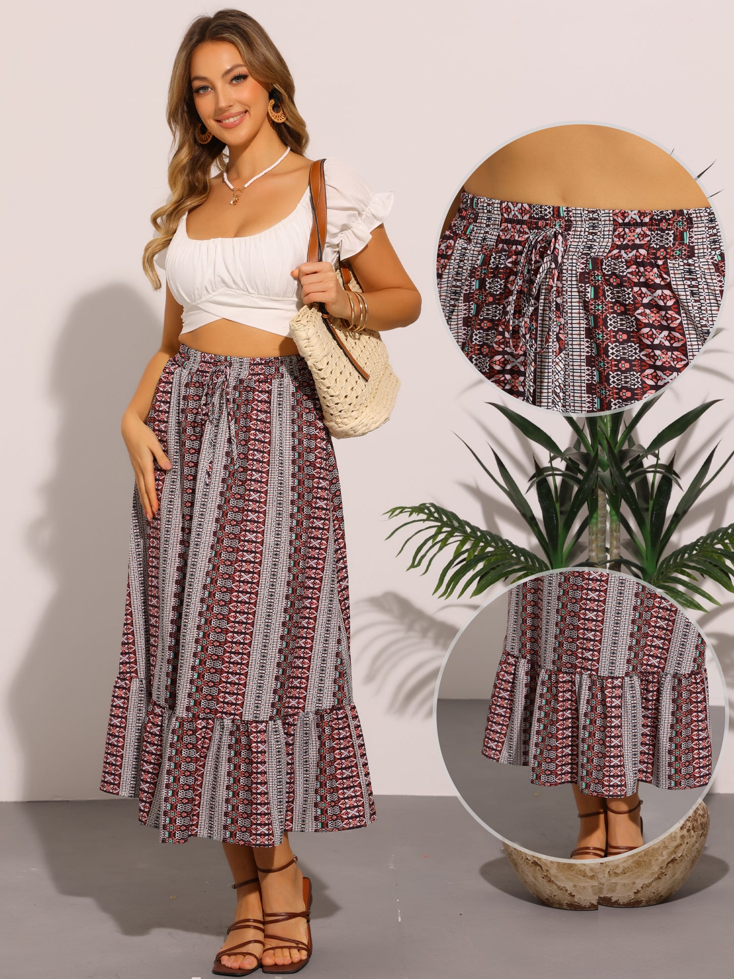 Falda midi de verano con cintura alta elástica y estampado de primavera para mujer