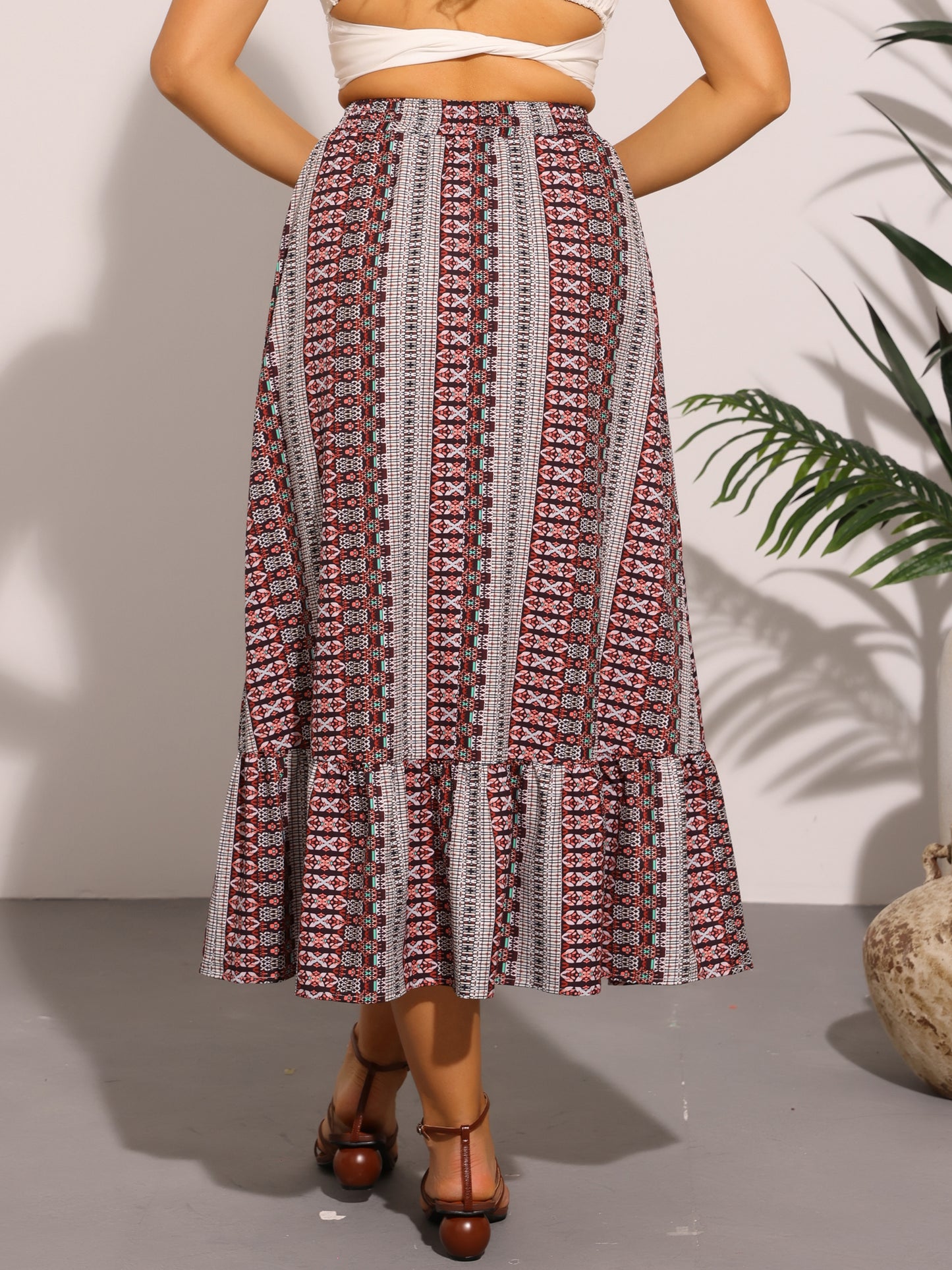 Falda midi de verano con cintura alta elástica y estampado de primavera para mujer