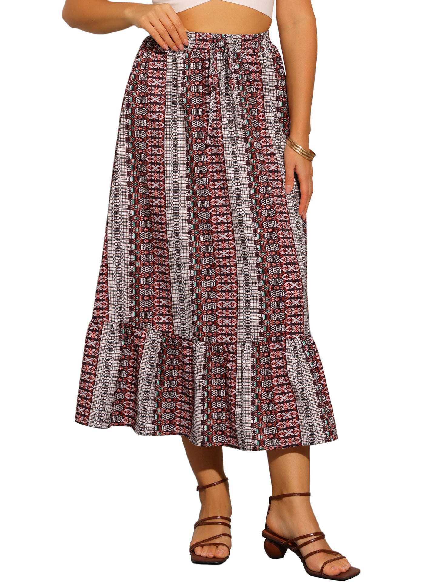 Falda midi de verano con cintura alta elástica y estampado de primavera para mujer