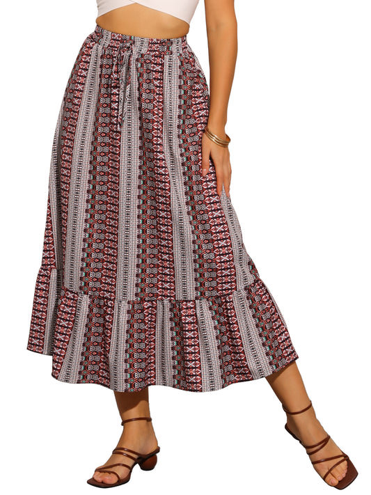 Falda midi de verano con cintura alta elástica y estampado de primavera para mujer