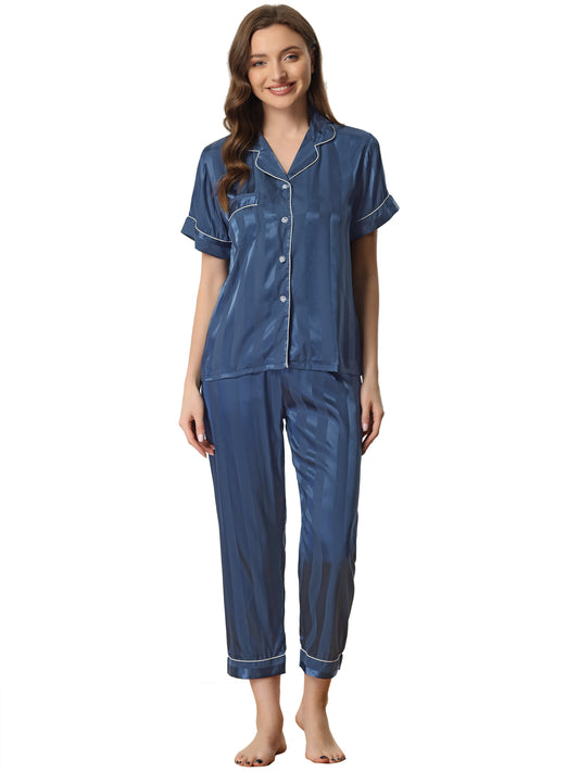 Conjunto de pijama de satén con botones y manga corta a rayas para mujer, pantalón largo y sedoso