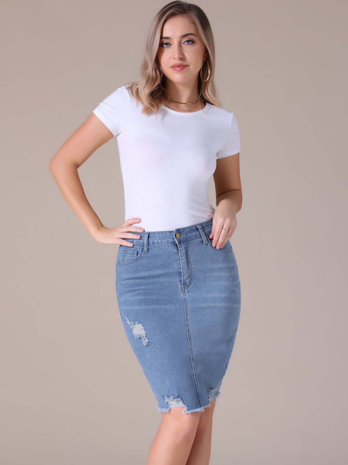Women's Stretchy Denim High Waisted Raw Hem Above the Knee Pencil Skirt