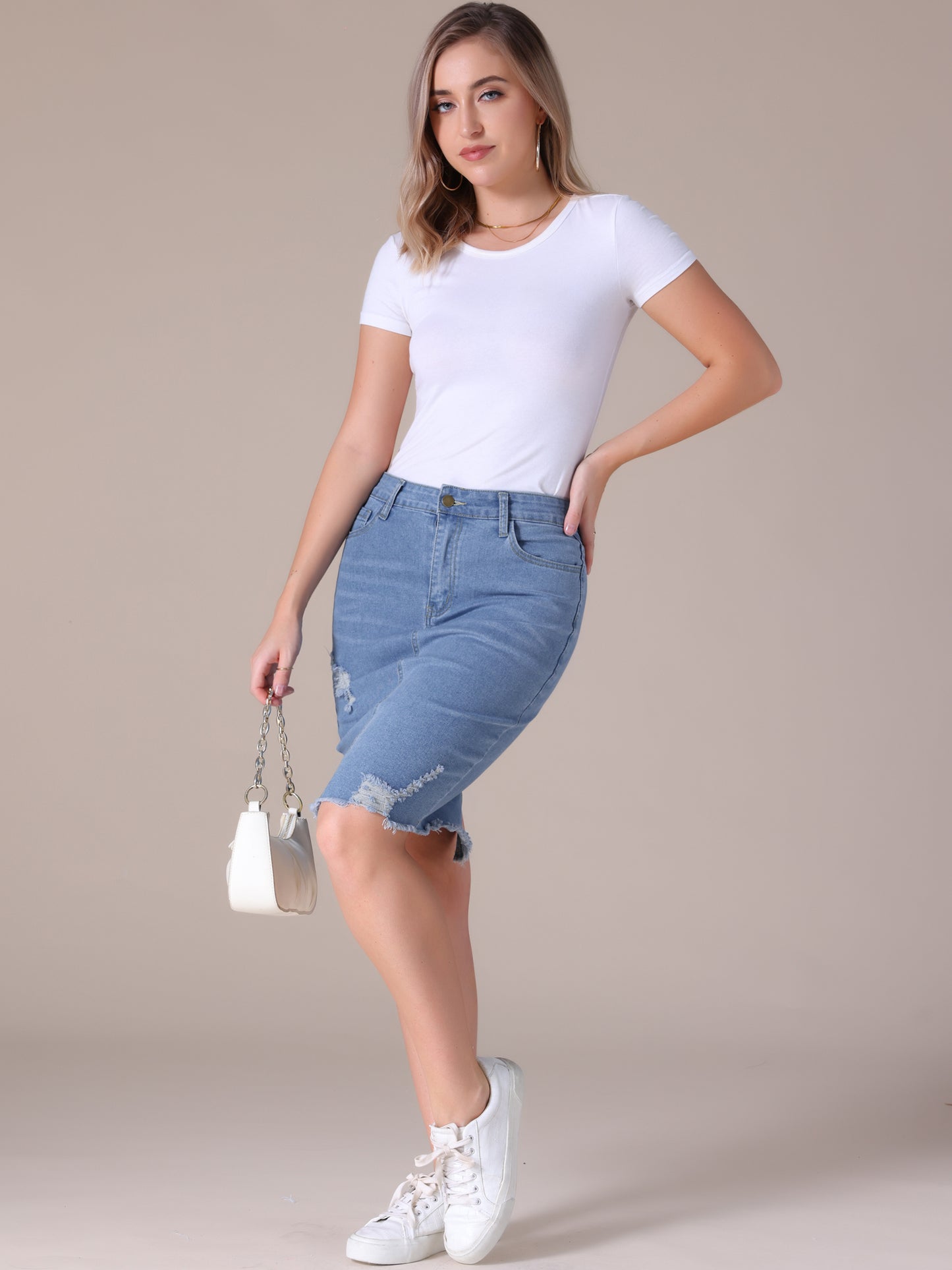 Women's Stretchy Denim High Waisted Raw Hem Above the Knee Pencil Skirt