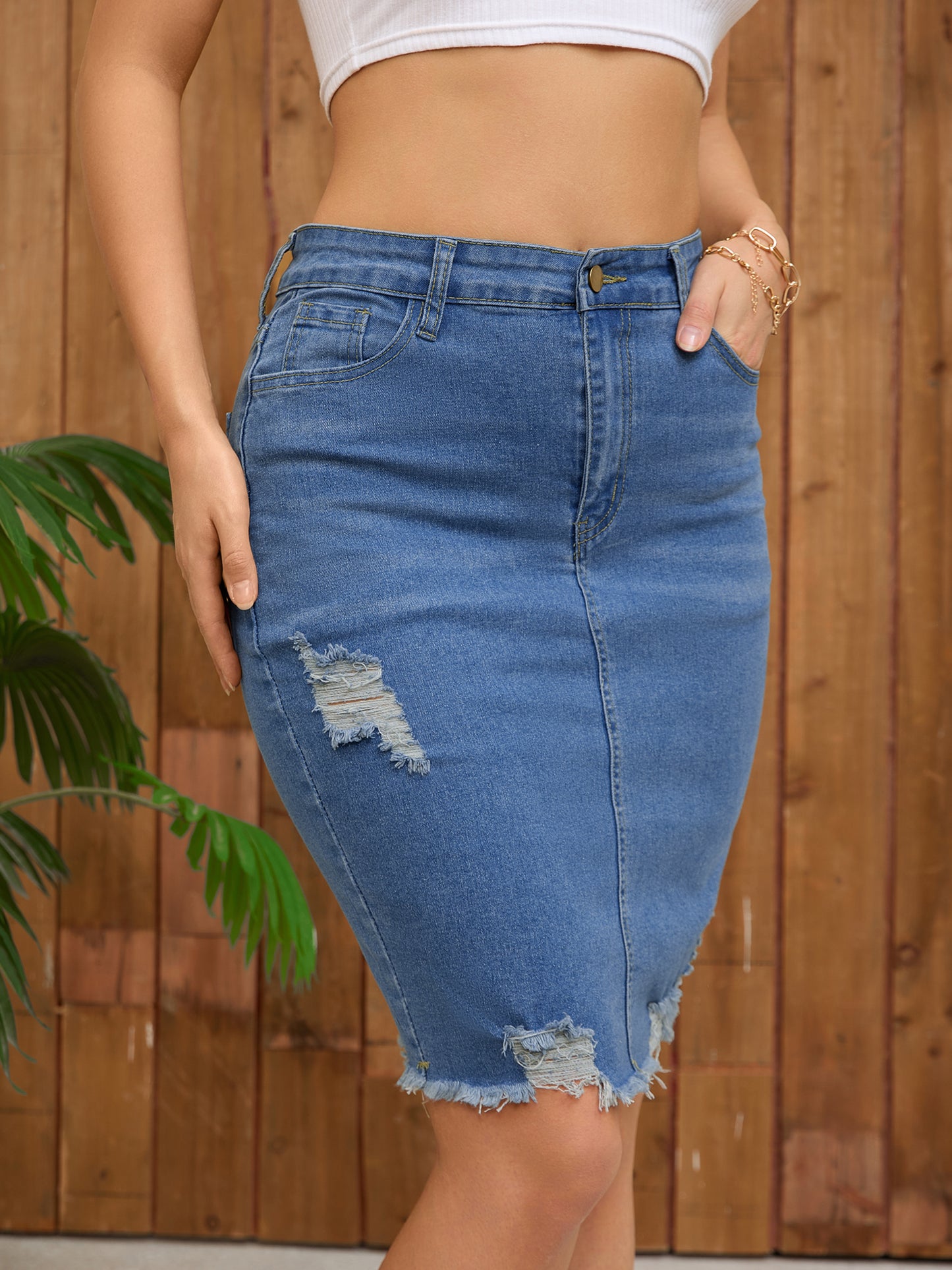 Women's Stretchy Denim High Waisted Raw Hem Above the Knee Pencil Skirt