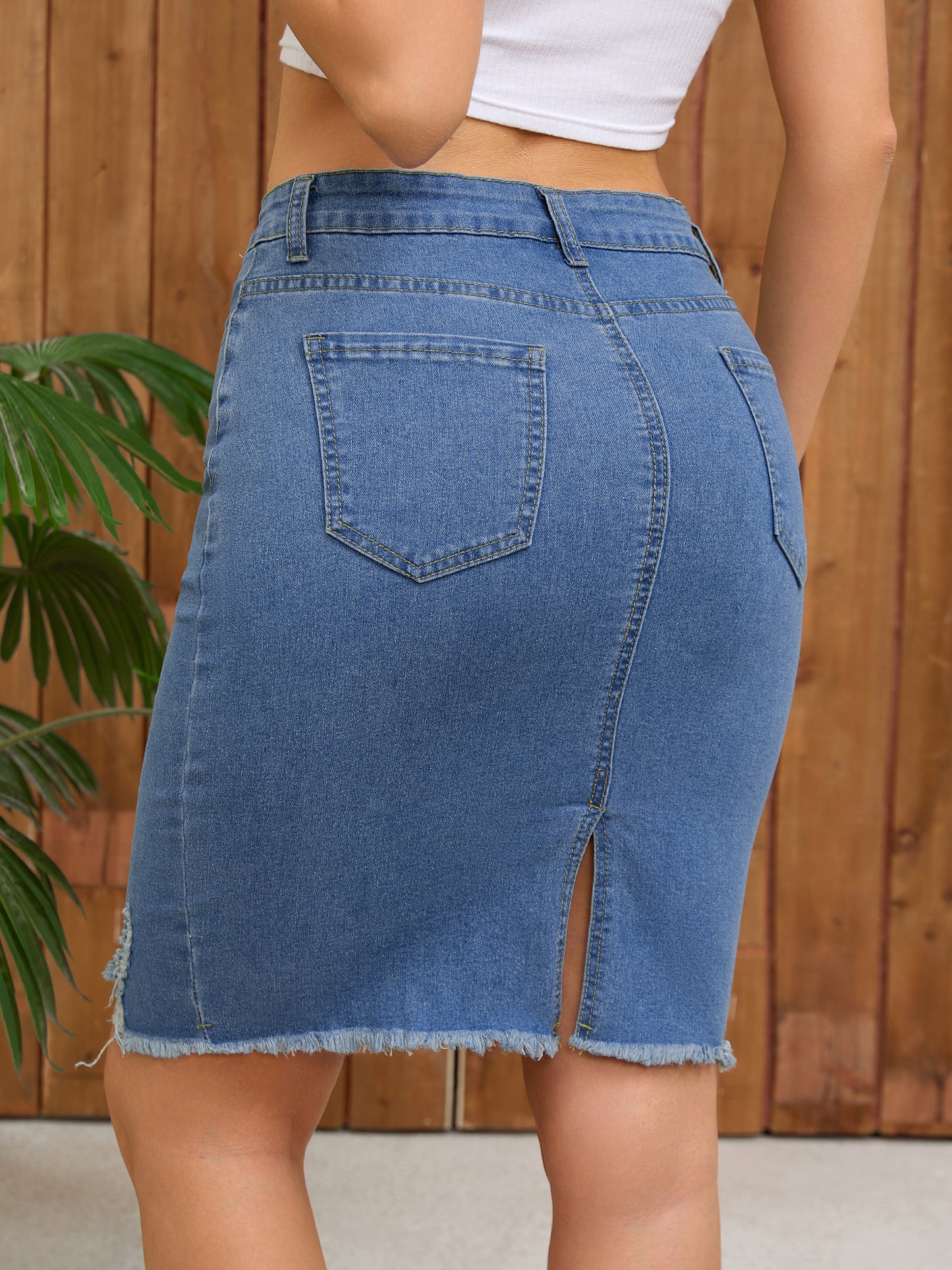 Women's Stretchy Denim High Waisted Raw Hem Above the Knee Pencil Skirt
