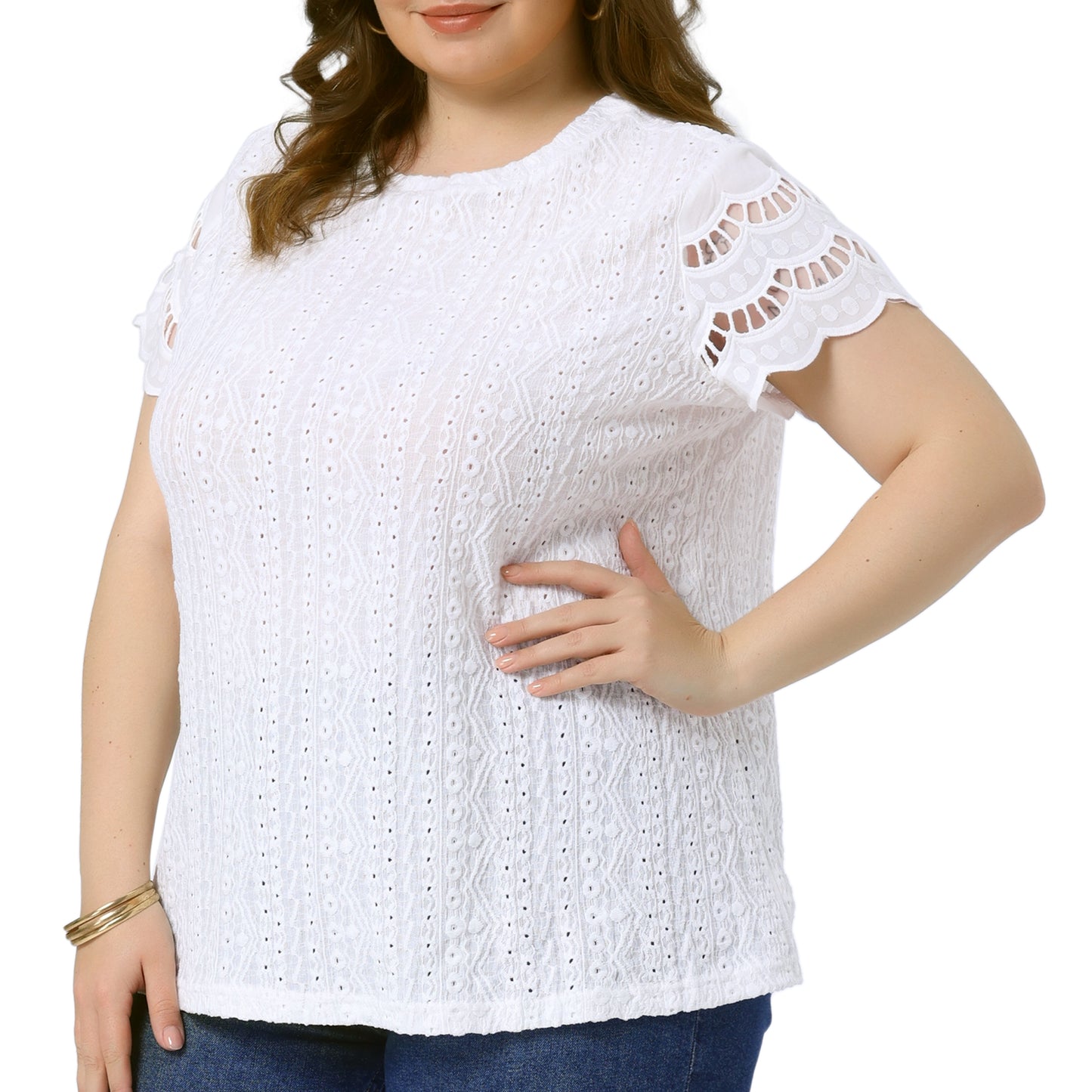 Women Plus Size Top Round Neck Lace Panel Hollow Short Sleeve Dressy Eyelet Blouse