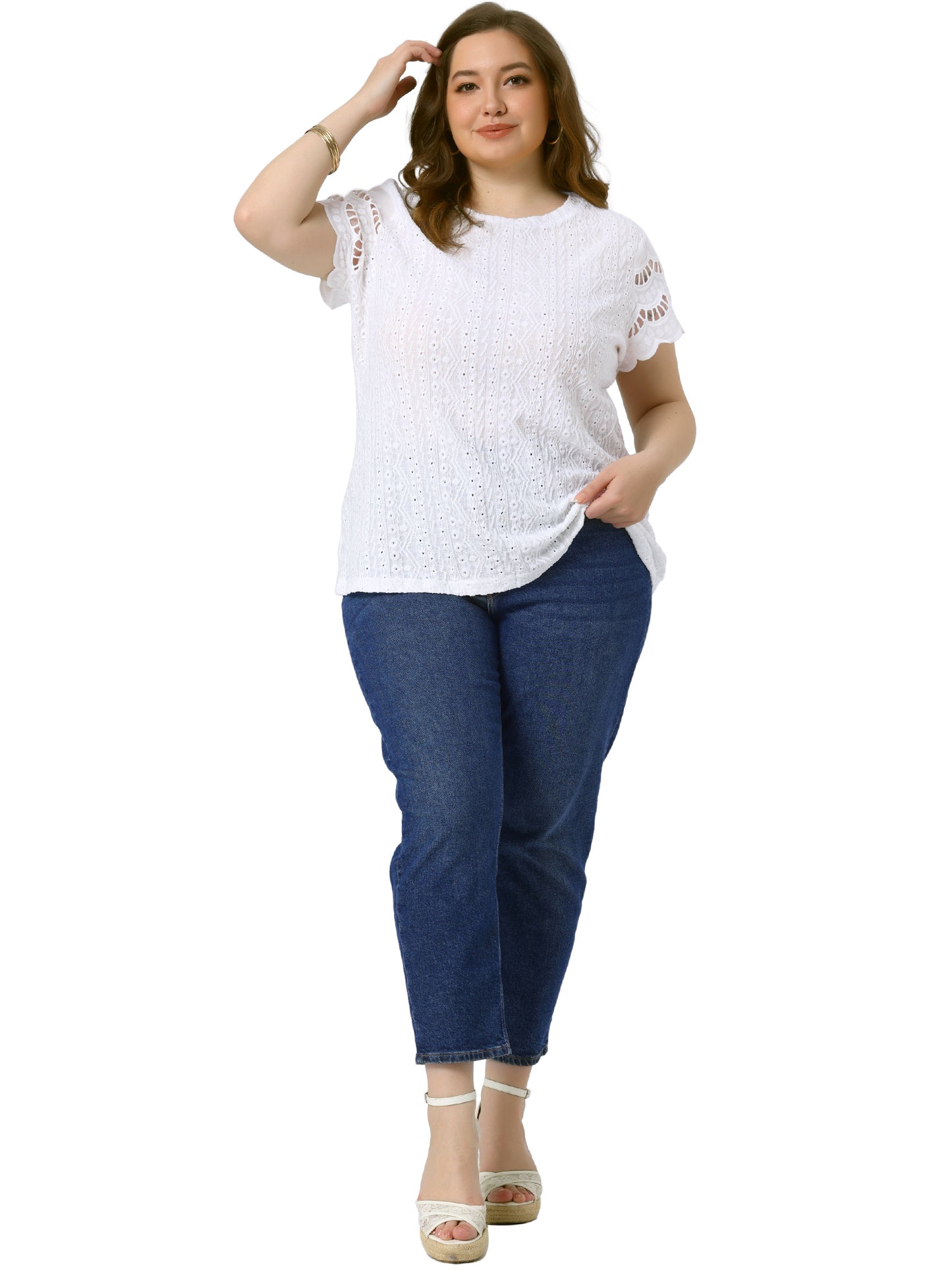 Women Plus Size Top Round Neck Lace Panel Hollow Short Sleeve Dressy Eyelet Blouse