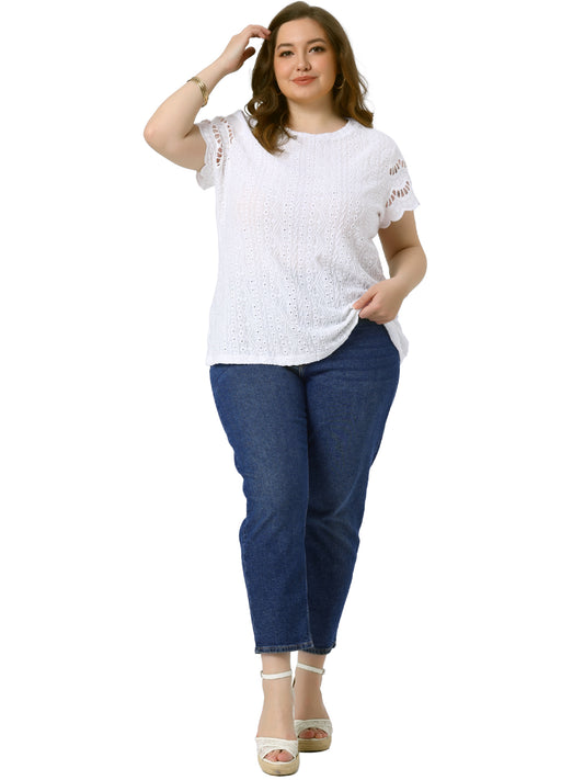Women Plus Size Top Round Neck Lace Panel Hollow Short Sleeve Dressy Eyelet Blouse
