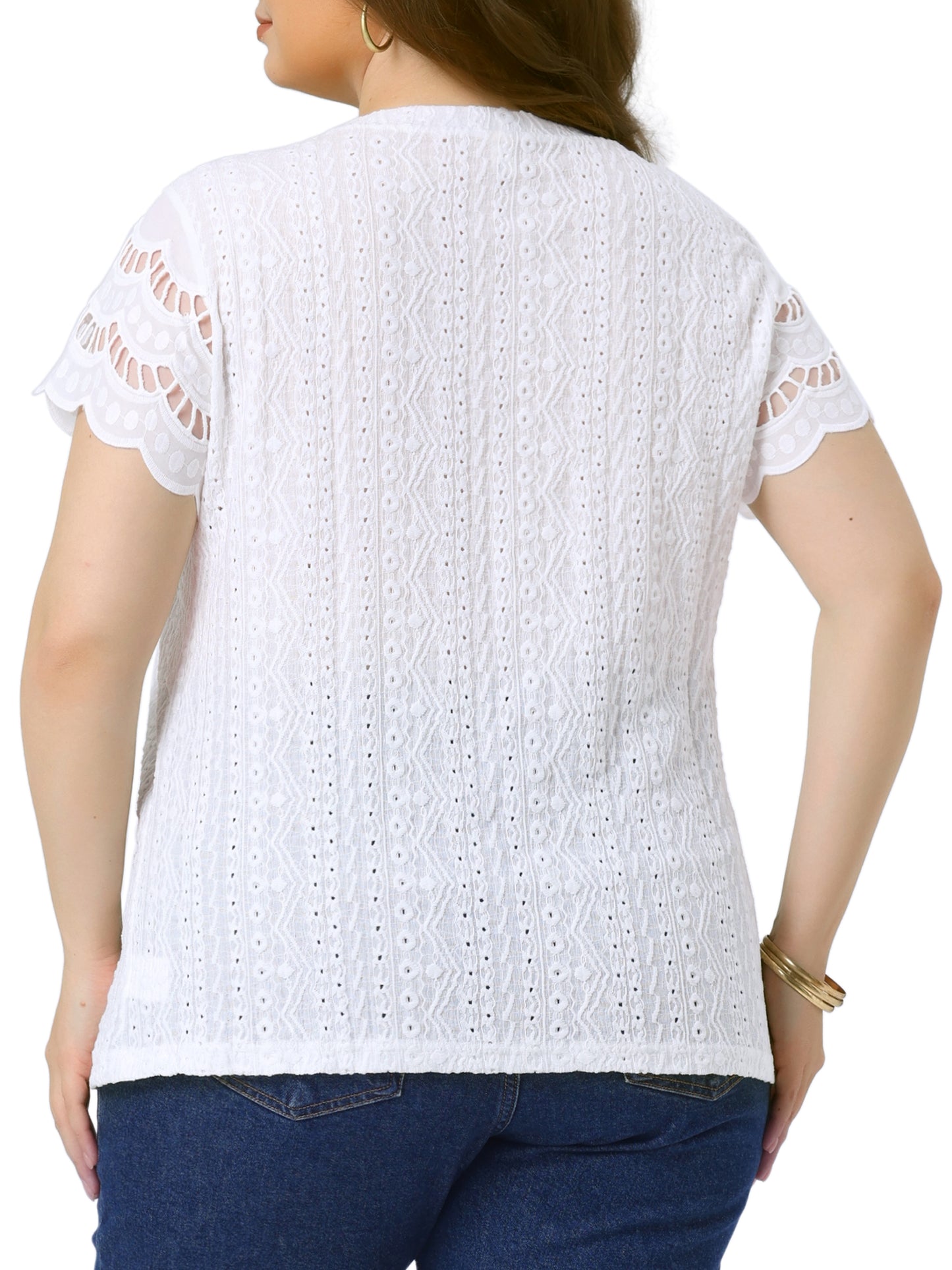 Women Plus Size Top Round Neck Lace Panel Hollow Short Sleeve Dressy Eyelet Blouse
