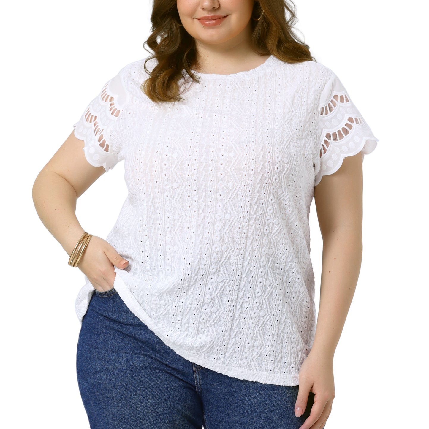 Women Plus Size Top Round Neck Lace Panel Hollow Short Sleeve Dressy Eyelet Blouse