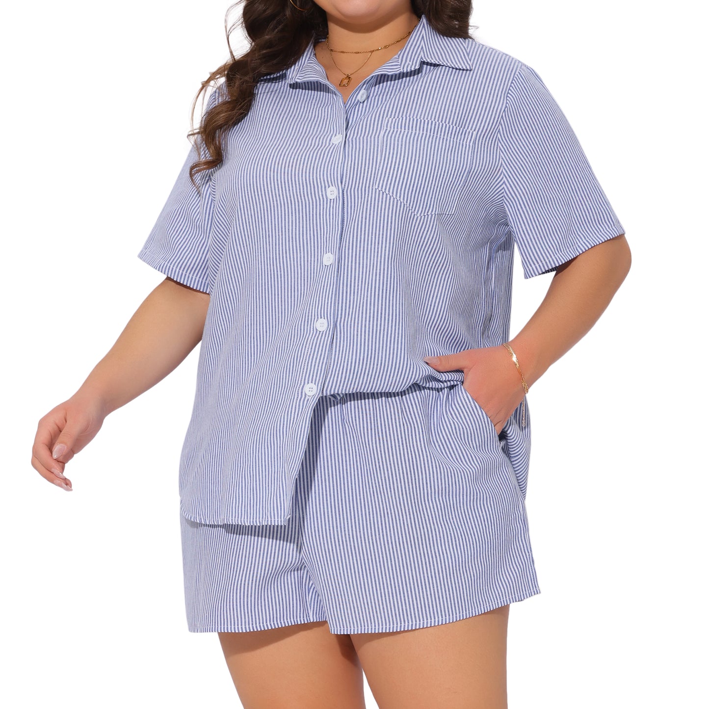 Women's Plus Size Summer 2 Piece Outfit Short Sets Striped Collared Button Down Blouse Top and Shorts