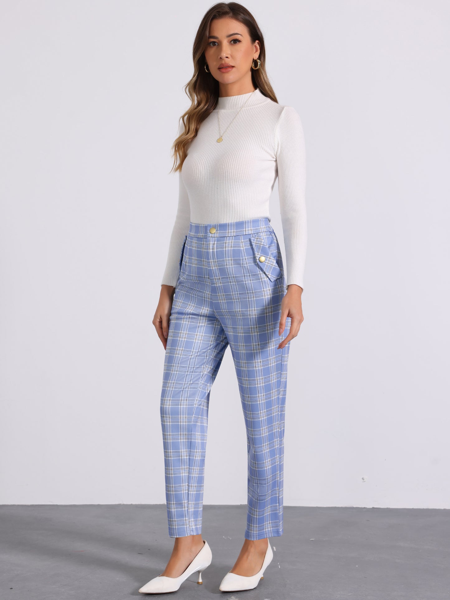 Women's Retro Tartan Plaid Pants Elastic Waist Straight Long Trousers