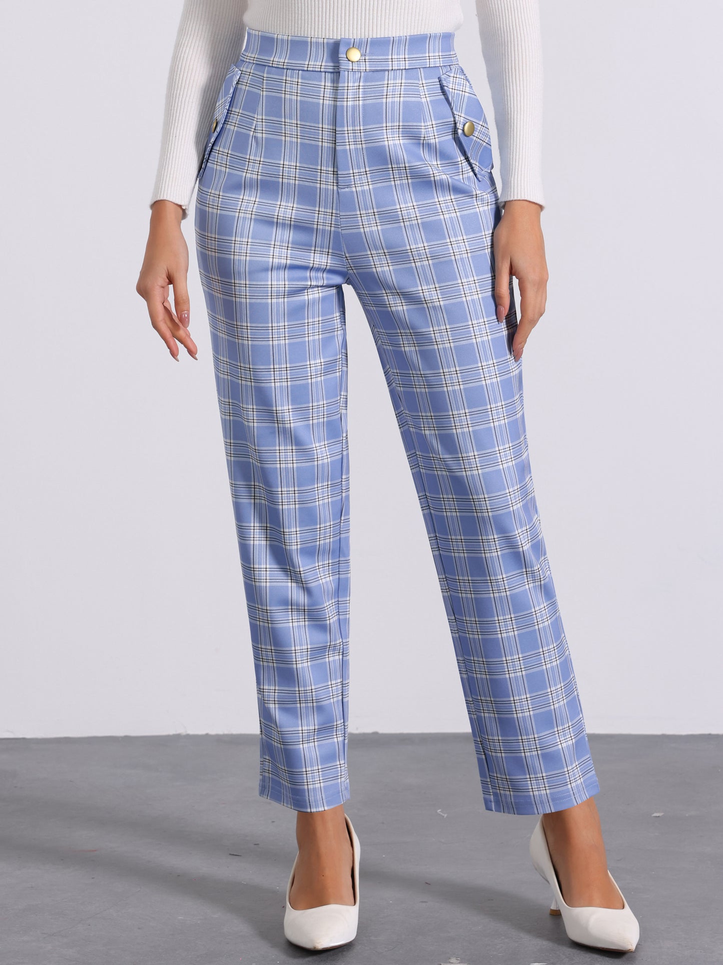 Women's Retro Tartan Plaid Pants Elastic Waist Straight Long Trousers