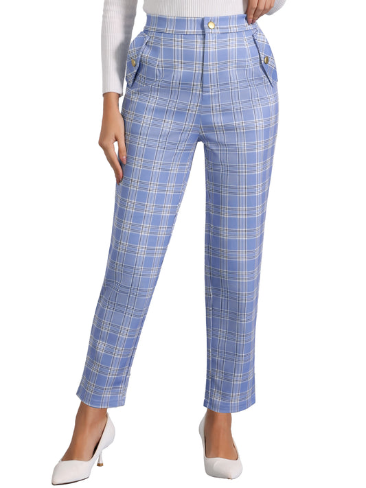 Women's Retro Tartan Plaid Pants Elastic Waist Straight Long Trousers